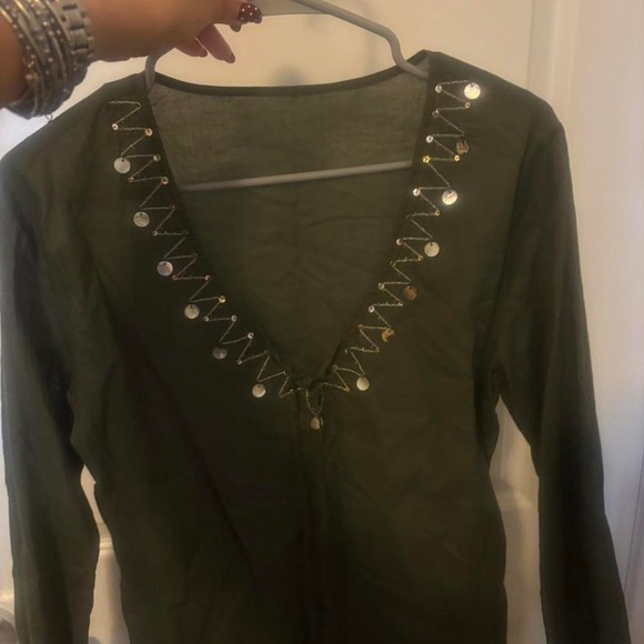 The Unbranded Brand Tops - Khaki‎ green long sleeve top with silver and gold beaded detailing
